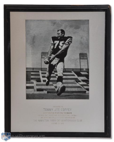 Tommy Joe Coffeys CFLs First 10,000 Yard Receiver Recognition Plaque (15" x 12")