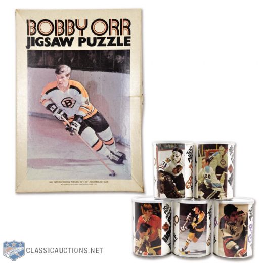 Early-1970s NHL Jigsaw Puzzle Collection of 6 with Orr, Esposito Bros, Gilbert and Others