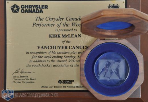 Kirk McLeans 1988-89 Chrysler and 1991-92 Pro-Set Player-of-the-Week Awards