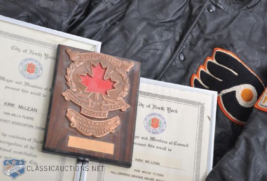 Kirk McLeans 1982-83 M.T.H.L. Don Mills Flyers Leather Team Jacket & Awards (3)