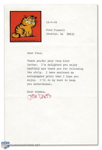 Jim Davis (Garfield) 1980 Signed Typed Letter