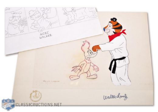 Walter Lantz (Woody Woodpecker) and Mort Walker (Beetle Bailey) Signed Drawings Plus Tony the Tiger Cel