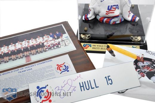 Brett Hulls 1996 World Cup of Hockey Team USA Collection of 4 with Championship Award 