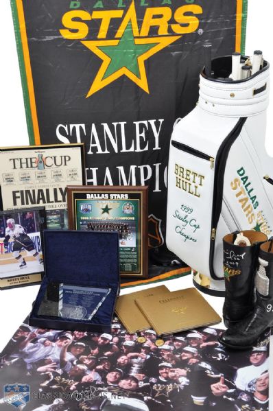 Brett Hulls Dallas Stars Collection of 58 with Numerous 1999 Stanley Cup Items