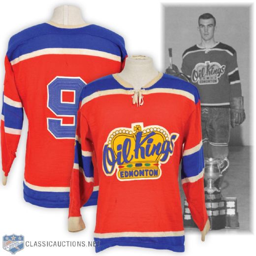 Vince Downeys 1962-63 CAHL Edmonton Oil Kings Game-Worn Wool Jersey - Team Repairs! - Photo-Matched!