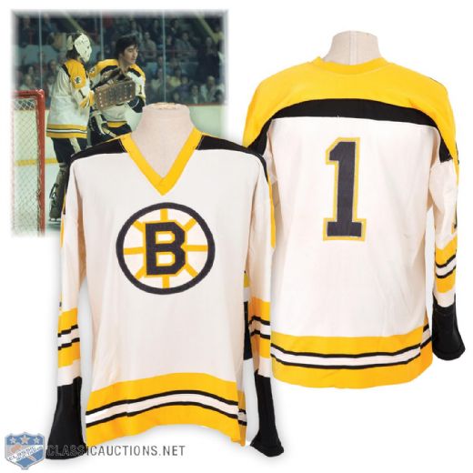 Gilles Gilberts 1973-74 Boston Bruins Game-Worn Jersey with 50th Patch - Team Repairs! - Photo-Matched!