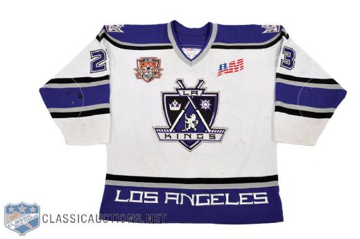 Craig Johnsons 2001-02 Los Angeles Kings Game-Worn Two-Patch Home Jersey with Team LOA 