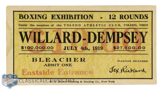 1919 Jess Willard vs Jack Dempsey World Heavyweight Championship Ticket Stub