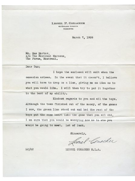 Deceased HOFer Lionel "The Big Train" Conacher Signed Letter with LOA