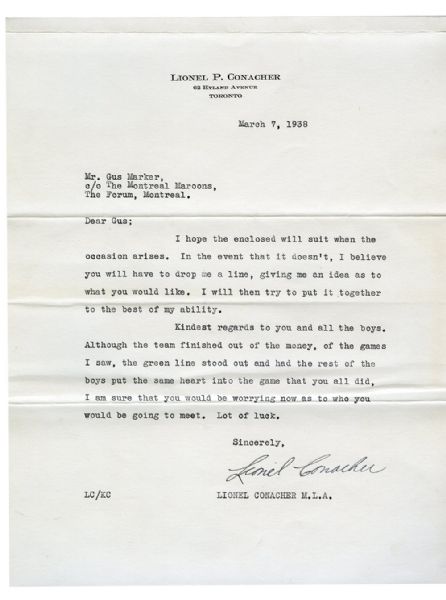 Deceased HOFer Lionel "The Big Train" Conacher Signed Letter with LOA