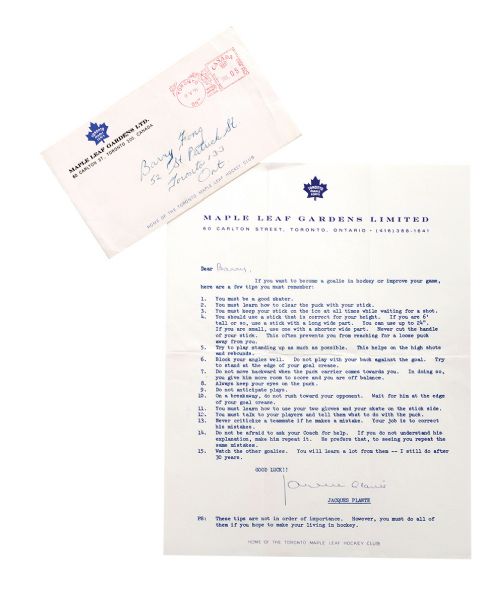 Deceased HOFer Jacques Plante 1971 Signed MLG Goalie Tips Letter with LOA 