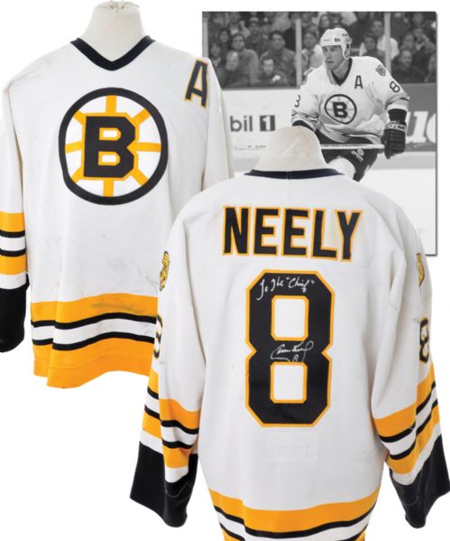 Cam Neelys 1994-95 Boston Bruins Signed Game-Worn Alternate Captains Jersey Gifted to Johnny Bucyk with His Signed LOA - Team Repairs!