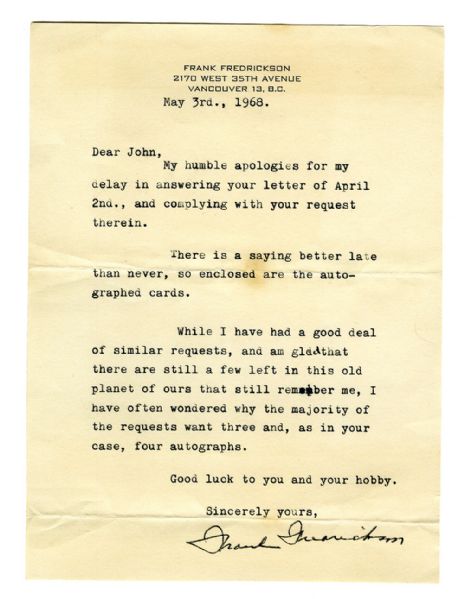 Deceased HOFer Frank Fredrickson Signed 1968 Letter 