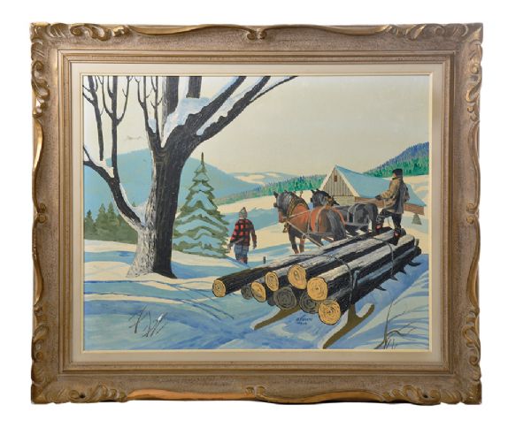 Jacques Plantes 1964 Logging Scene Framed Painting - Signed and Dated by Plante