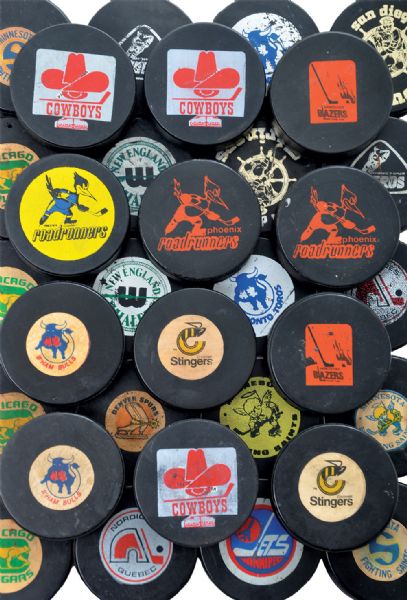 WHA and Other Leagues Game Puck and Souvenir Puck Collection of 69