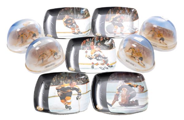 Boston Bruins 1972 Trays/Plaques (5) with Orr and Vintage Bruins Snow Globes in Original Box 