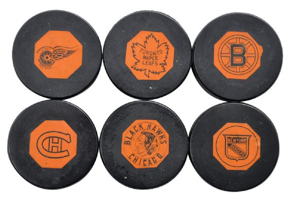 Dr. John Finleys 1958-64 "Original Six" Official NHL Game Puck Collection of 6