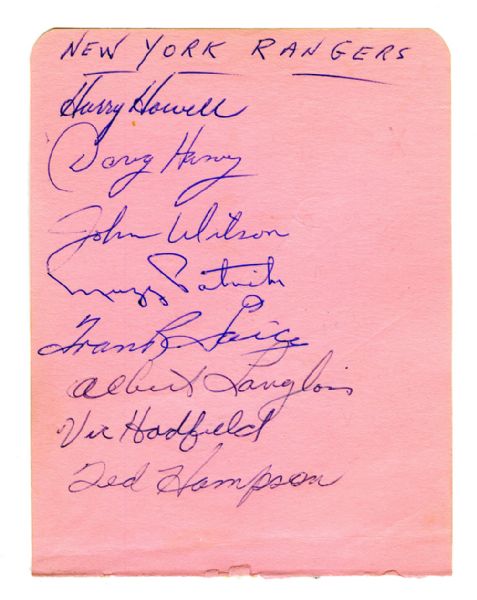 New York Rangers 1962-63 Multi-Signed Sheet with Harvey, Howell and Hadfield