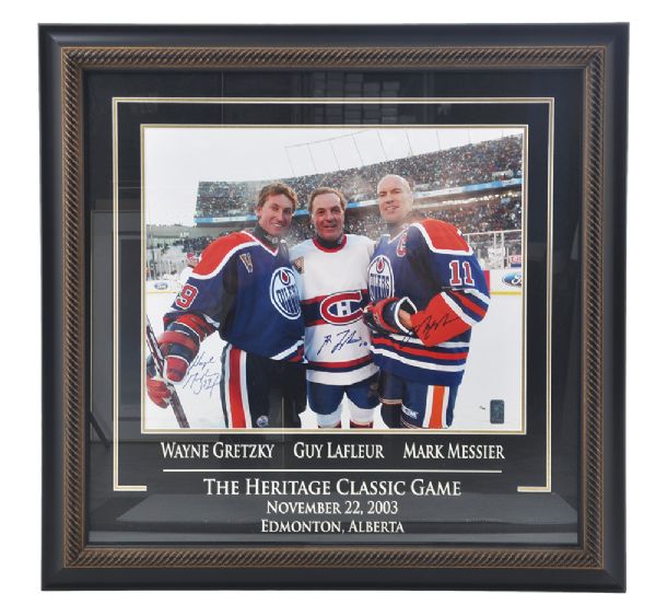 Heritage Classic Limited-Edition Framed Photo Collection of 2 Signed by Gretzky, Lafleur and Messier with WGA COAs (#1/99 and #1/199)