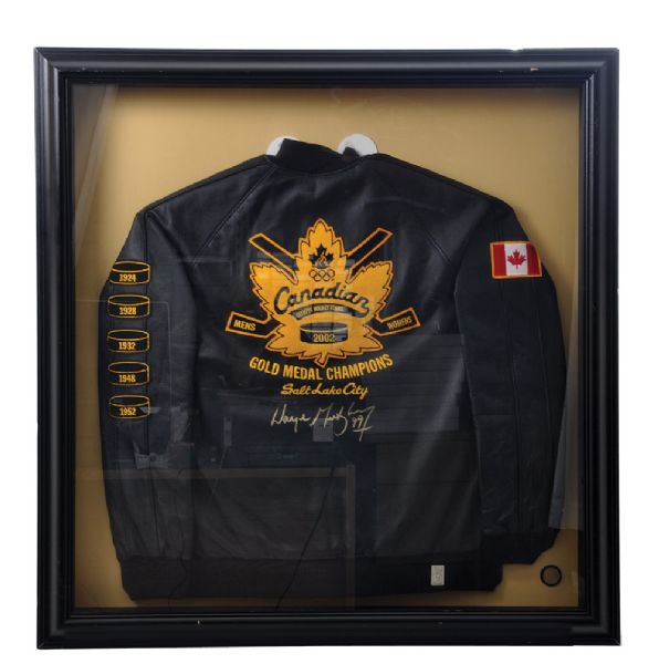 Wayne Gretzky Signed Framed Team Canada 2002 Salt Lake City Winter Olympics Roots Leather Jacket from WGA (36" x 37") 