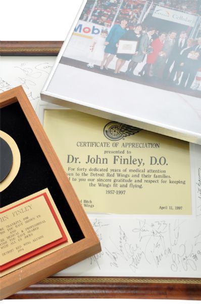 Dr. John Finleys 1957-97 Detroit Red Wings Signed Presentation Frame and Award Collection