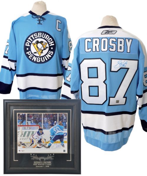 Sidney Crosby Signed Pittsburgh Penguins Throwback Jersey and Winter Classic Signed Framed Photo with COAs (30" x 31") 