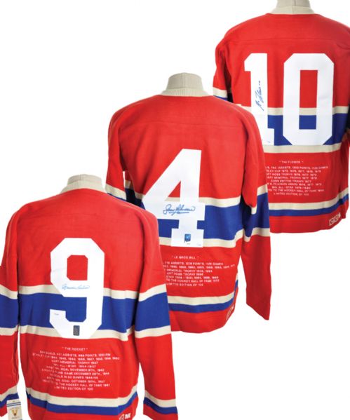 Richard, Beliveau and Lafleur Signed Limited-Edition Montreal Canadiens Wool Career Jersey Collection of 3 with WGA COAs #1/100 