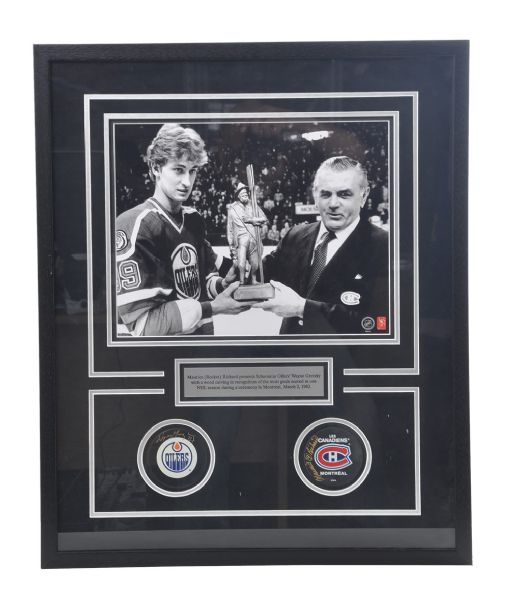Wayne Gretzky and Maurice Richard "NHL Goal Scoring Leader" Signed Framed Puck (2) Display with WGA COAs (21" x 25 1/2") 