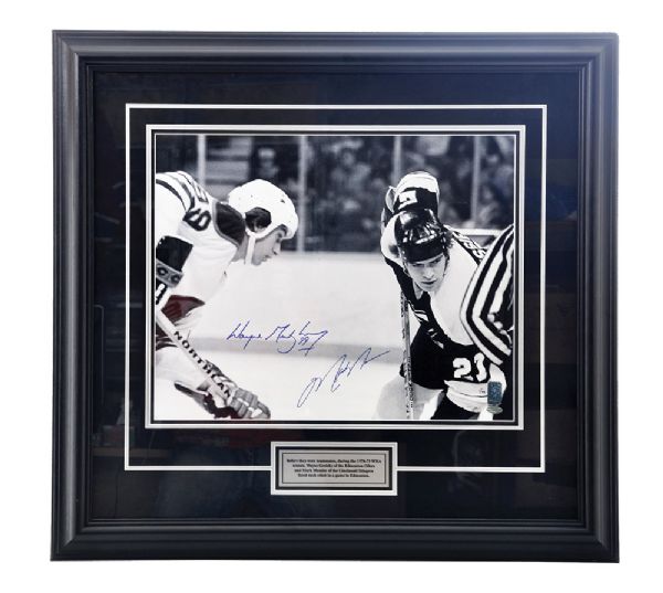 Wayne Gretzky and Mark Messier Dual-Signed WHA Limited-Edition Framed Photo with WGA COA #1/99 (28 1/2" x 30 1/2") 