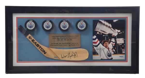 Wayne Gretzky "Four Cups" Double-Signed Limited-Edition Stick Blade, Photo and Pucks Display with WGA COAs #5/250 (16 1/2" x 32 1/2") 