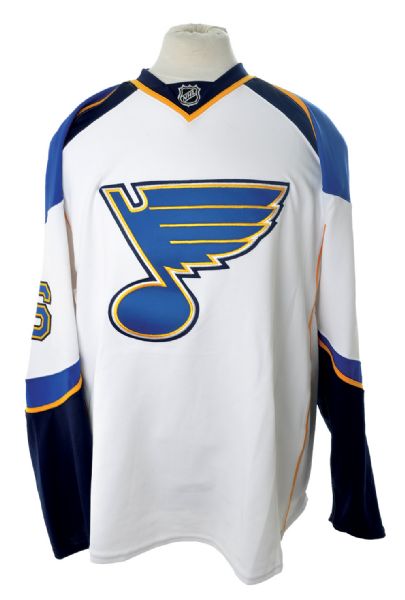 Erik Johnsons 2007-08 St. Louis Blues Signed 1st NHL Game / Point Game-Worn Jersey with Team LOA