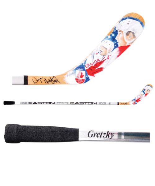Wayne Gretzkys Early-1990s Signed Game-Issued Easton Stick with 91 Canada Cup Original Art by Steve Houston with LOA