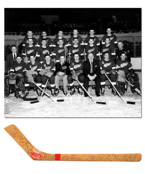 Detroit Red Wings 1957-58 Team-Signed Mini Stick by 19 with Sawchuk, Abel and Howe 