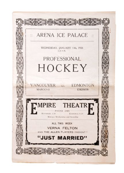 1925-26 WCHL Edmonton Eskimos vs Vancouver Maroons Program with Eddie Shore 