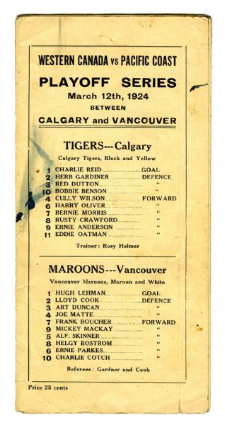 1924 Stanley Cup Playoffs Program - Calgary Tigers vs Vancouver Maroons
