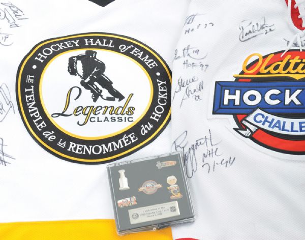 Billy Smiths Legends Classic and Oldtimers Hockey Challenge Multi-Signed Game-Worn Jerseys Plus Islanders Bag and Pins
