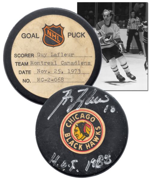 Guy Lafleurs 1973-74 Signed Official Goal Puck from NHL Goal Puck Program 