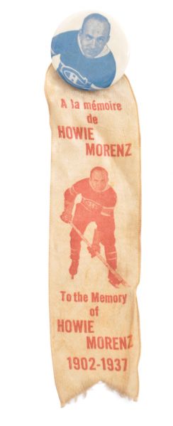 Howie Morenz 1937 Memorial Game Button with Ribbon 
