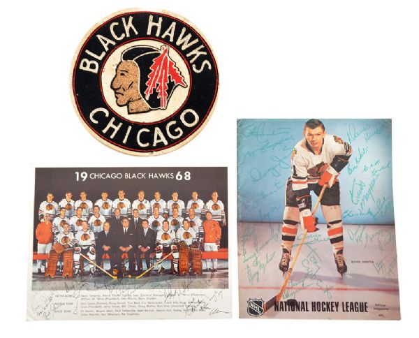Chicago Black Hawks Late-1960s Team-Signed Picture and Program Plus Vintage Hawks Crest 