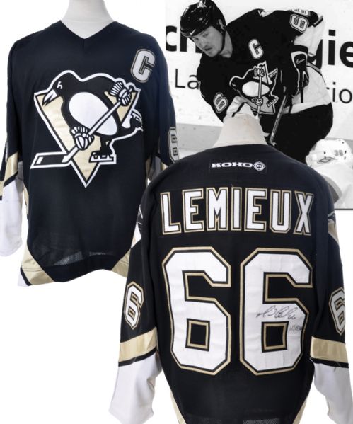 Mario Lemieuxs 2002-03 Pittsburgh Penguins Signed Game-Worn Captains Jersey with LOAs - Photo-Matched!