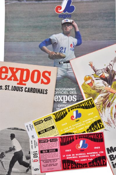 1969 Montreal Expos First Home Game Program, Ticket Stubs (2), Yearbook and Pamphlet 