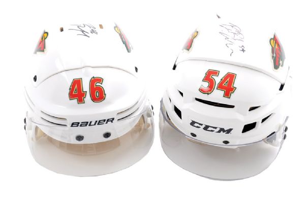 Brett Bulmers and Jared Spurgeons Early-2010s Minnesota Wild Signed Game-Worn Helmets with Team LOAs 