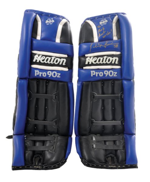 Felix Potvins 1990s Toronto Maple Leafs Signed Issued Heaton Pads and <br>Game-Used Stick 