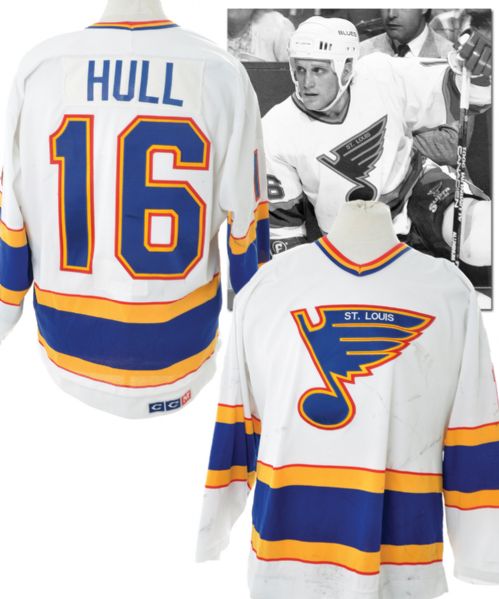 Brett Hulls 1987-88 St. Louis Blues Game-Worn Jersey - Barclay Plager Patch! <br>- Team Repairs! - Photo-Matched!