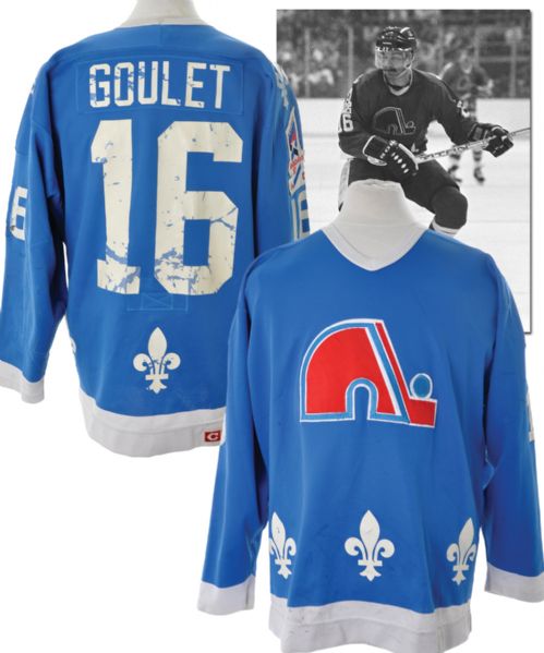 Michel Goulets 1985-86 Quebec Nordiques Game-Worn Jersey with <br> Rendez-Vous 87 Patch - Team Repairs!
