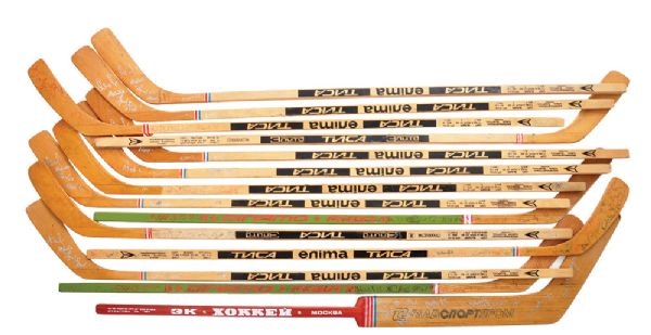 Late-1980s Early-1990s Russian Hockey Teams Team-Signed Stick Collection of 14 