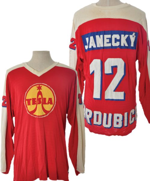 Otakar Janeckys 1980s Tesla Pardubice Czech Elite League Game-Worn Jersey with LOA 