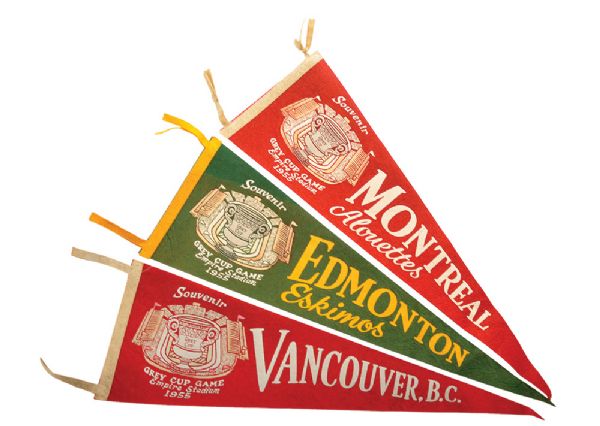 1955 CFL Grey Cup Game Pennant Collection of 3 - Eskimos, Alouettes and Empire Stadium