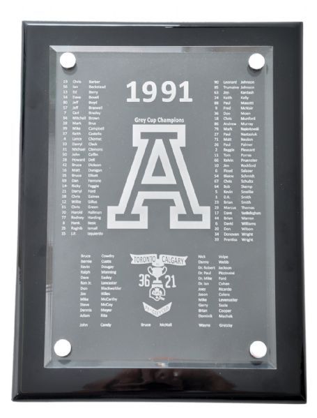Don Moens 1991 Toronto Argonauts Grey Cup Champions Award with LOA