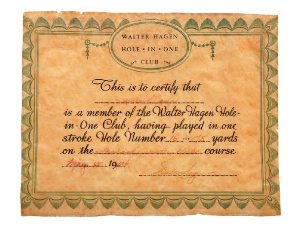 Deceased HOFer Walter Hagen Signed Hole in One Club Certificate with PSA/DNA LOA 